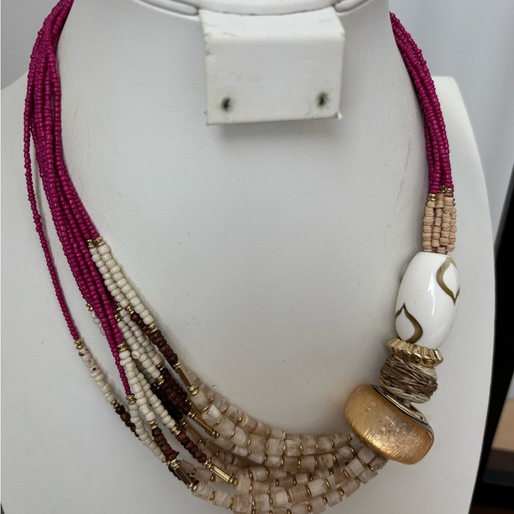Chico’s Neon Pink & Cream Colored Beaded Necklace/Wooden Beads